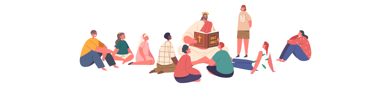 イエス・キリストが聖書を用いて若い人々にの説教をしているイメージ画